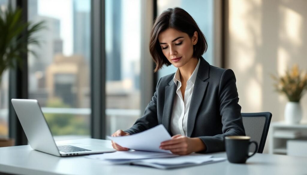 Australian immigration lawyer reviewing visa refusal documents at a desk in a modern law office