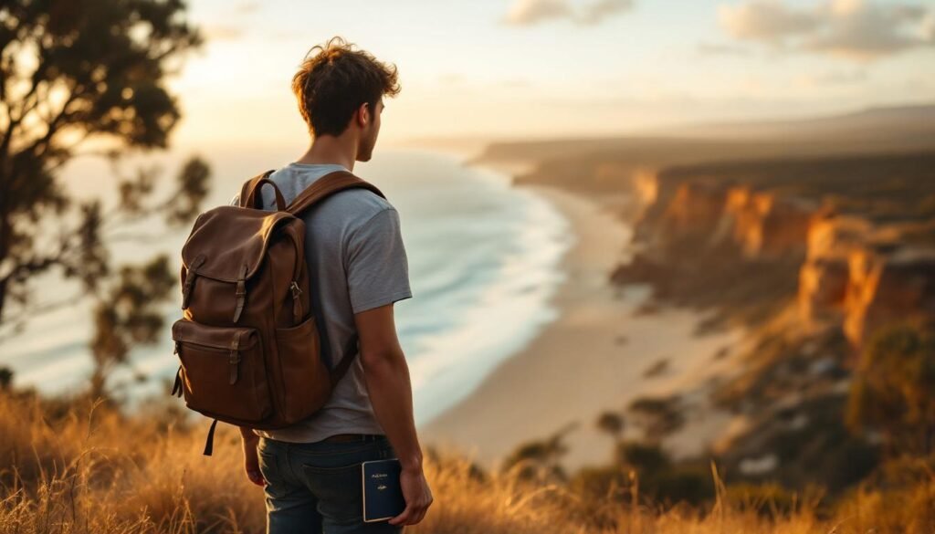 Young traveller with a backpack looking at the Australian coastline holding a passport