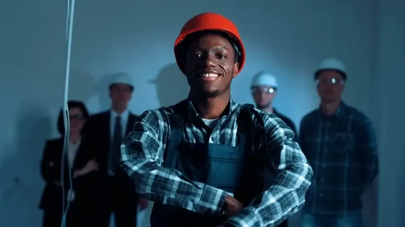 A smiling construction worker in a hard hat with his team